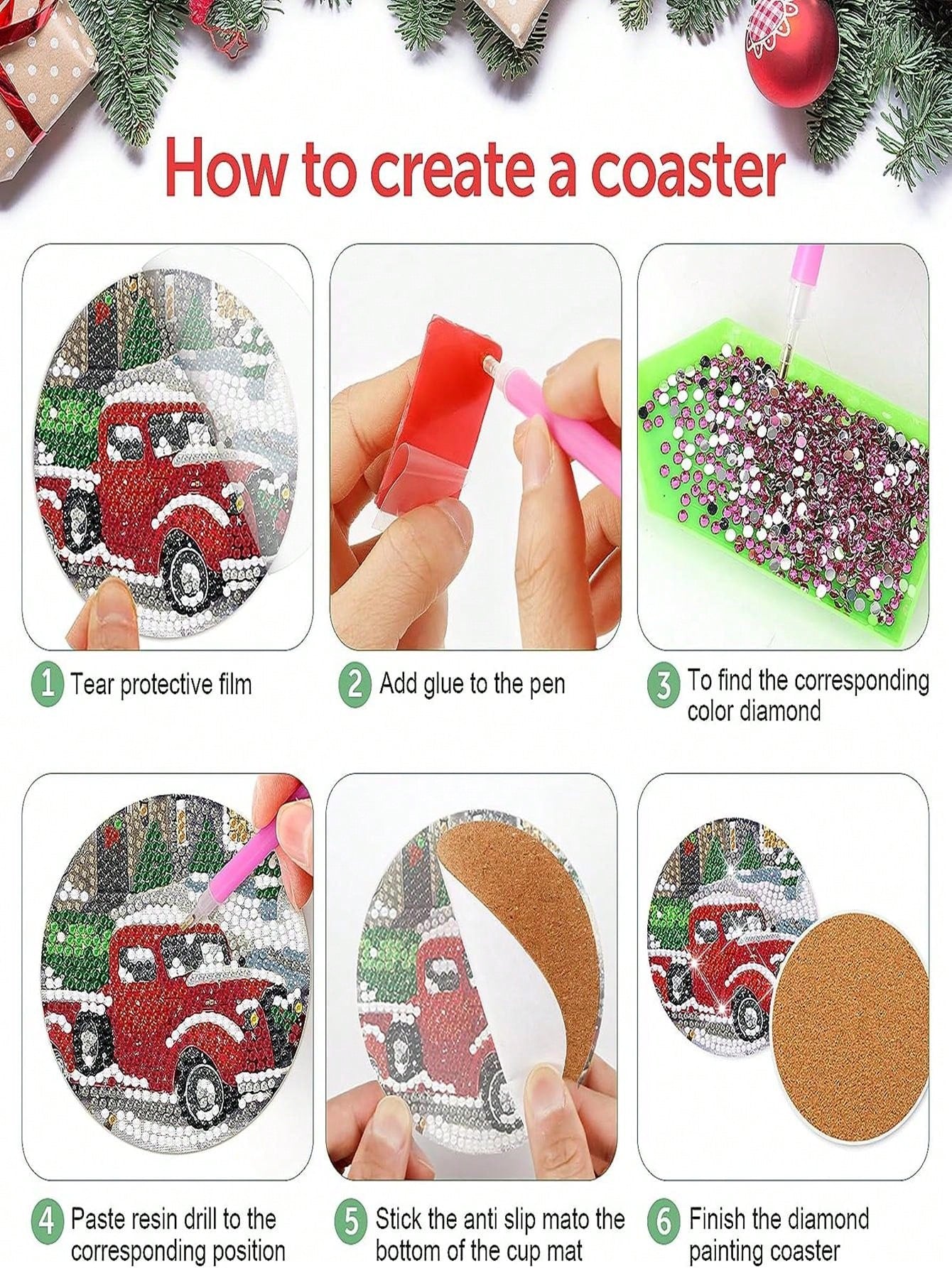 DIY Diamond Painting Set, 8pcs Christmas Theme Coaster Decoration With Bright Shiny Drill