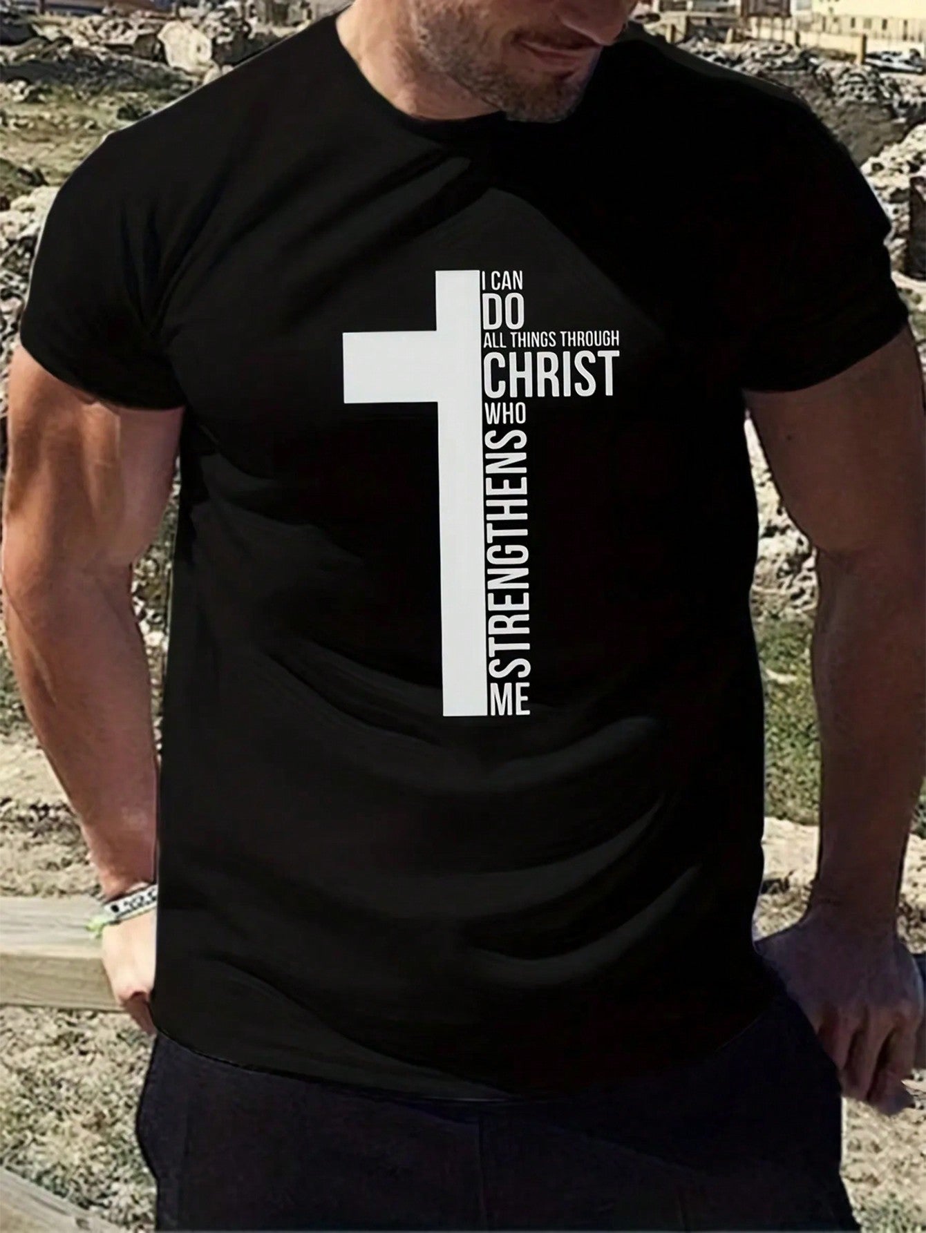 Men Slogan Graphic Tee: &quot;I can do all things through Christ who strengthens me&quot; (not custom made)