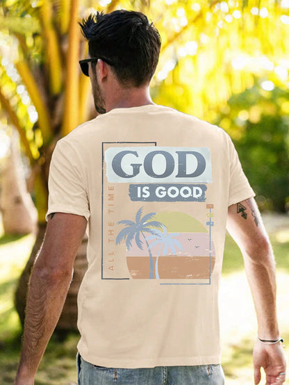 Men Tropical &amp; Letter Graphic Tee - &quot;God is Good All the Time&quot; (not custom made)