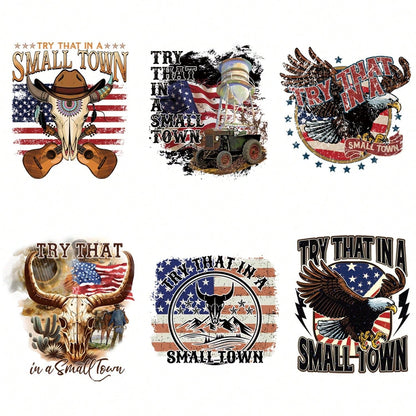 6pcs/set Classic American Small Town Style Graphic Diy Heat Transfer Stickers For T-shirt, Jacket, Denim Clothing, Sweatshirt, Washable. Xr-c0127