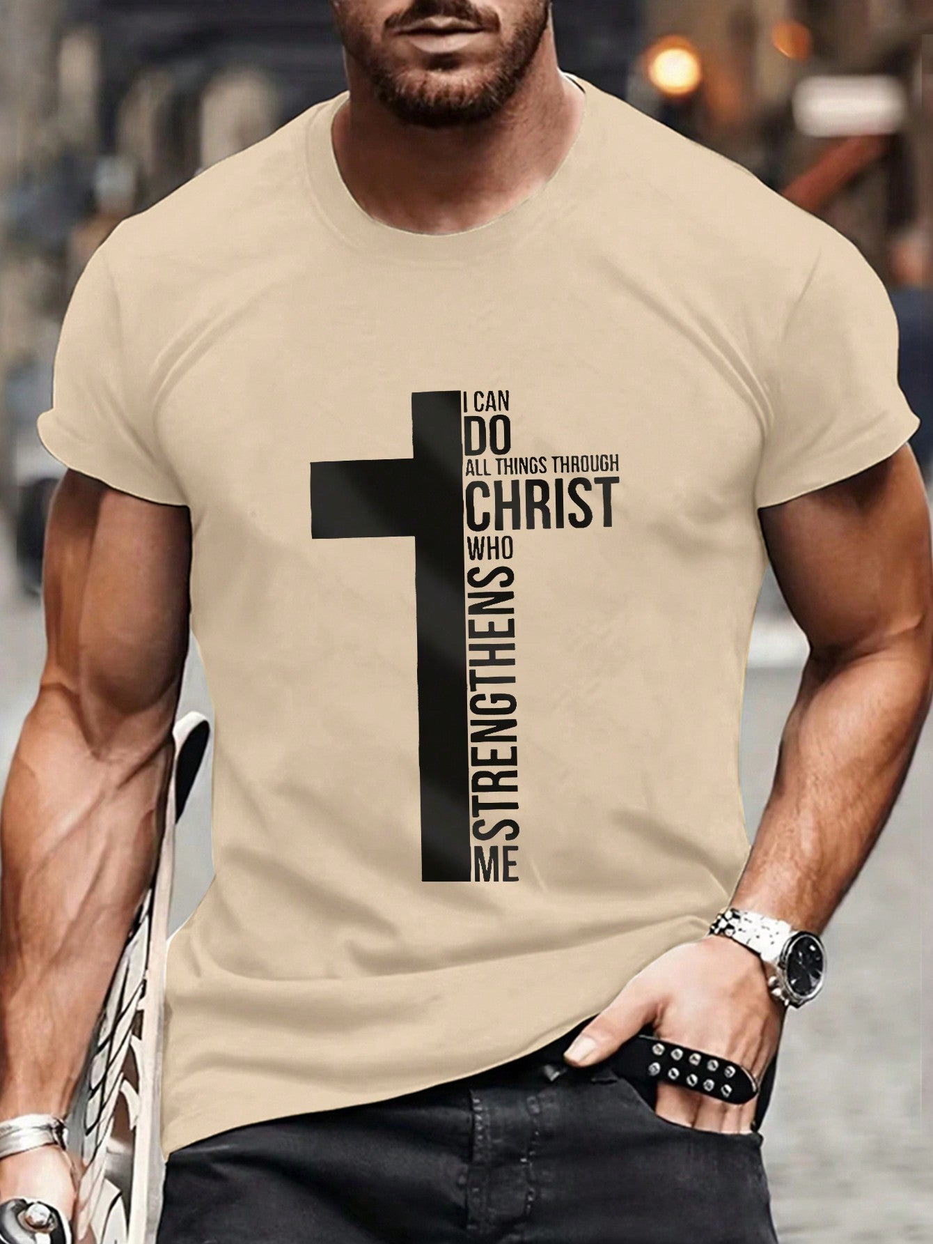 Men Slogan Graphic Tee: &quot;I can do all things through Christ who strengthens me&quot; (not custom made)